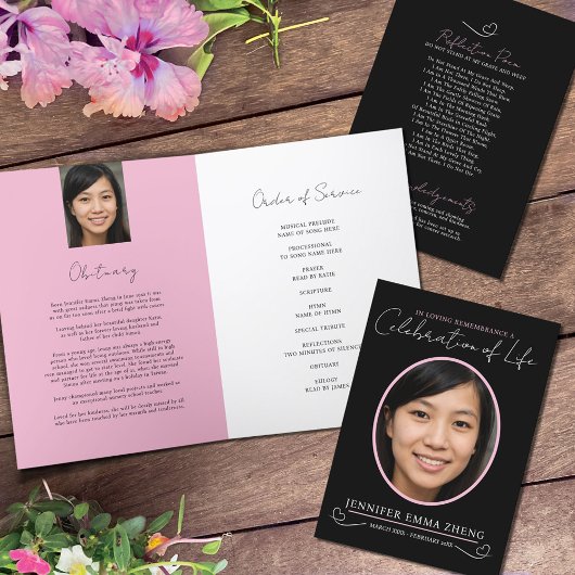 Memorial Service begrafenis hartfoto roze zwart Programma