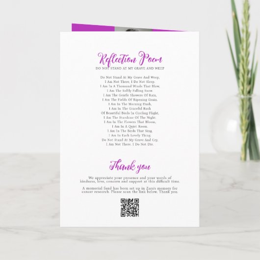 Memorial service begrafenisduif paarse roos foto programma (Achterkant)