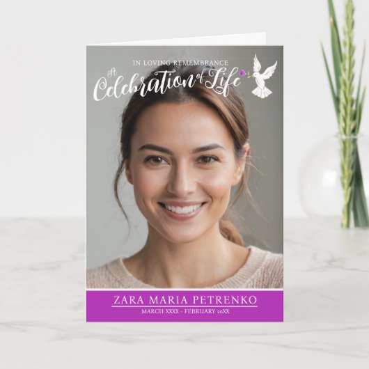 Memorial service begrafenisduif paarse roos foto programma (Voorkant)