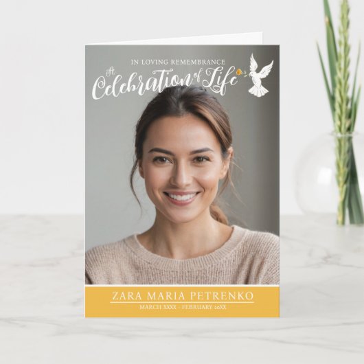 Memorial service begrafenisduif warm geel foto programma (Voorkant)