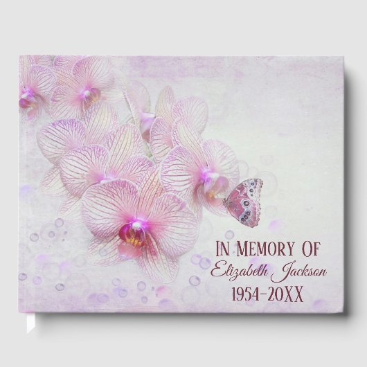 Memorial Service Butterfly On Pink Orchids Gastenboek (Voorkant)