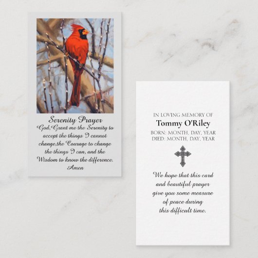Memorial Service Funeral Card with Cardinal Bird Visitekaartje (Voorkant / Achterkant)