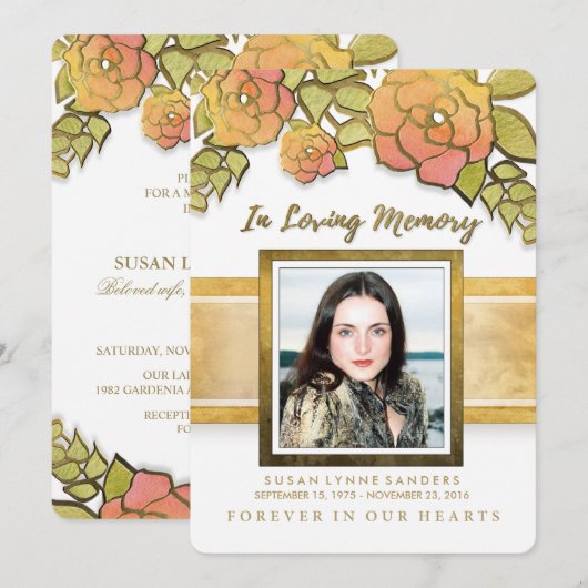 Memorial Service Golden Flowers Foto Uitnodiging (Voorkant / Achterkant)