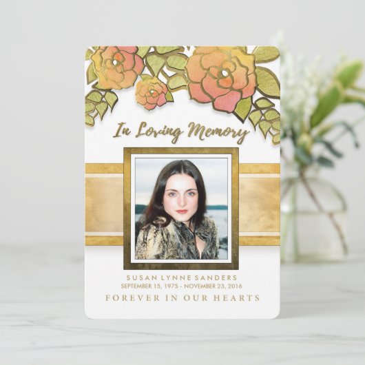 Memorial Service Golden Flowers Foto Uitnodiging (Staand voorkant)
