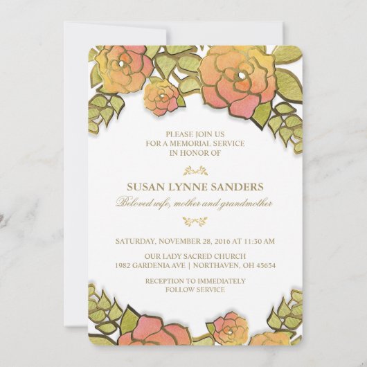 Memorial Service Golden Flowers Foto Uitnodiging (Achterkant)