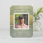 Memorial Service Green Gold Elegance Foto Uitnodig Kaart (Staand voorkant)