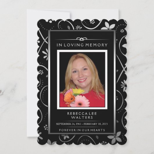 Memorial Service Invitation - Black & White Floral Kaart (Voorkant)