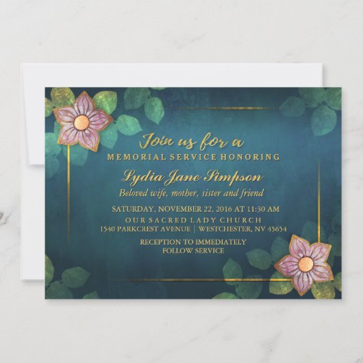 Memorial Service Invitation Turquoise Gold Floral Kaart (Achterkant)