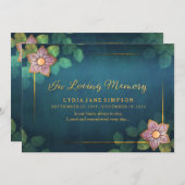 Memorial Service Invitation Turquoise Gold Floral Kaart (Voorkant / Achterkant)