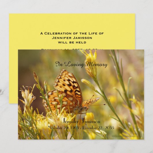 Memorial Service Invitation, Yellow Butterfly Kaart (Voorkant / Achterkant)