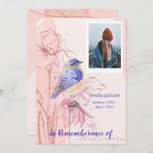 Memorial Service Invite Bluebird Garden Bird Kaart (Voorkant / Achterkant)