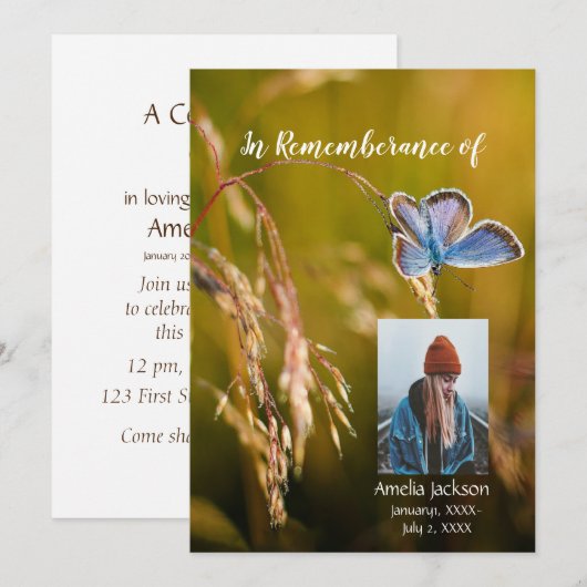 Memorial Service Invite Butterfly Flower Kaart (Voorkant / Achterkant)