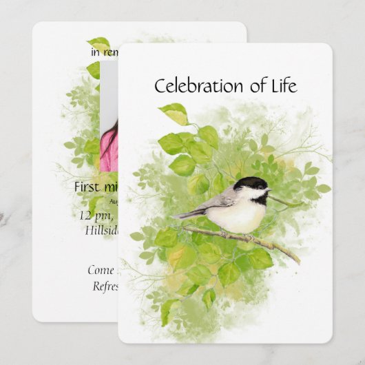 Memorial Service Invite Chickadee Bird Art Kaart (Voorkant / Achterkant)