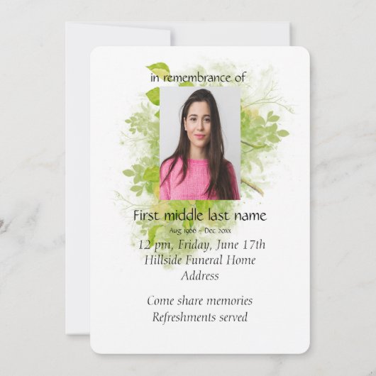 Memorial Service Invite Chickadee Bird Art Kaart (Achterkant)