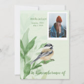 Memorial Service Invite Chickadee Bird Botanical Kaart (Voorkant)