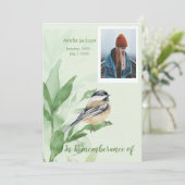 Memorial Service Invite Chickadee Bird Botanical Kaart (Staand voorkant)