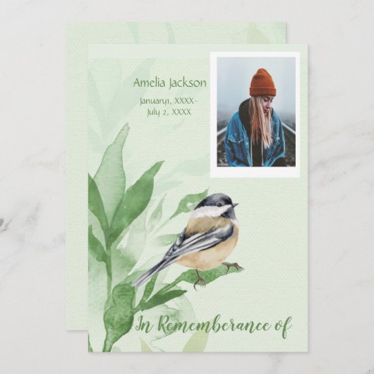 Memorial Service Invite Chickadee Bird Botanical Kaart (Voorkant / Achterkant)