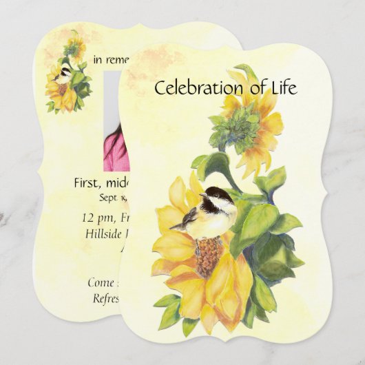 Memorial Service Invite Chickadee Bird Sunflower Kaart (Voorkant / Achterkant)