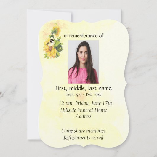 Memorial Service Invite Chickadee Bird Sunflower Kaart (Achterkant)