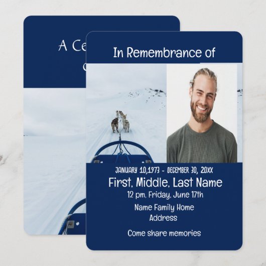 Memorial Service Invite Dog Team Sled Winter Sport Kaart (Voorkant / Achterkant)