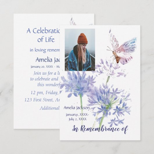 Memorial Service Invite Garden Butterfly Flowers Kaart (Voorkant / Achterkant)