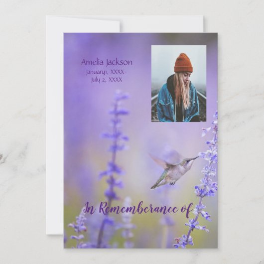 Memorial Service Invite Hummingbird Lavender Kaart (Voorkant)