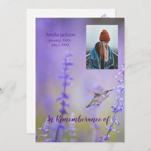Memorial Service Invite Hummingbird Lavender Kaart (Voorkant / Achterkant)