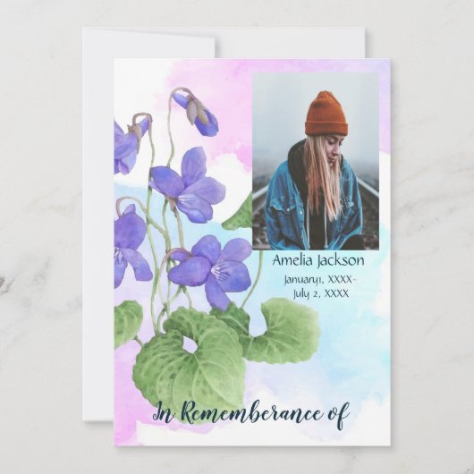 Memorial Service Invite Hummingbird Violet Floral Kaart (Voorkant)