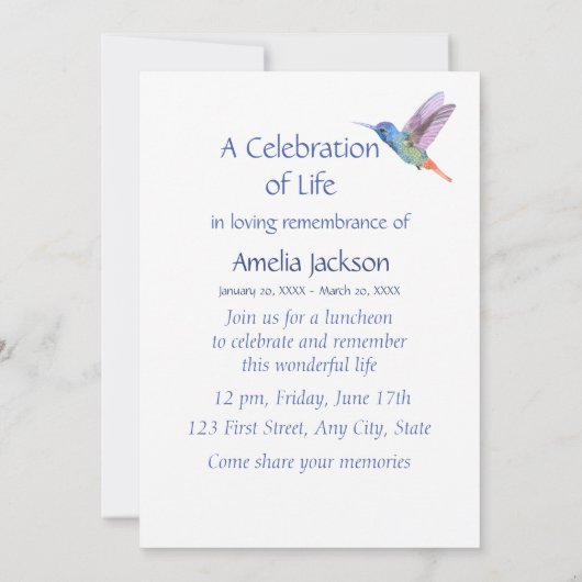 Memorial Service Invite Hummingbird White Flowers Kaart (Achterkant)