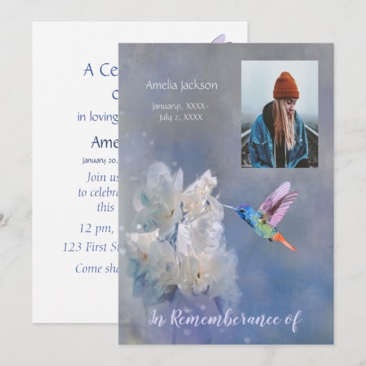 Memorial Service Invite Hummingbird White Flowers Kaart (Voorkant / Achterkant)