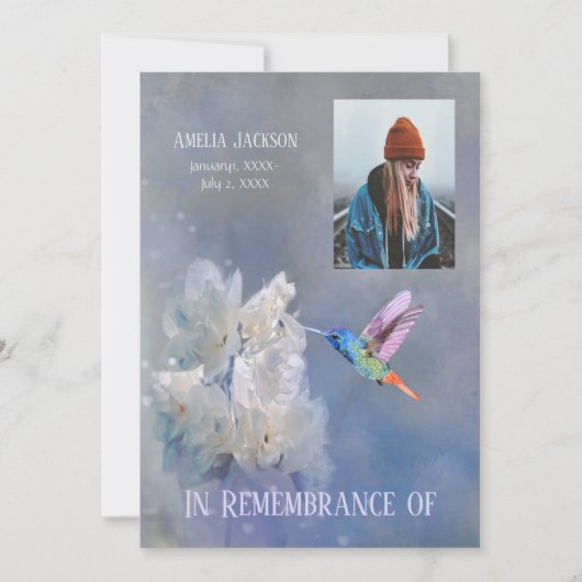 Memorial Service Invite Hummingbird White Flowers Kaart (Voorkant)