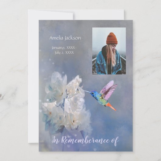 Memorial Service Invite Hummingbird White Flowers Kaart (Voorkant)