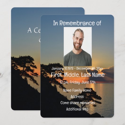 Memorial Service Invite Lake Sunset Water Kaart (Voorkant / Achterkant)