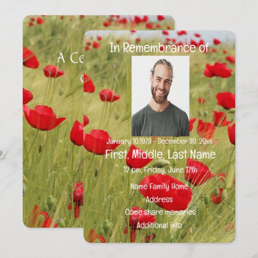 Memorial Service Invite Red Poppy Flower Kaart (Voorkant / Achterkant)
