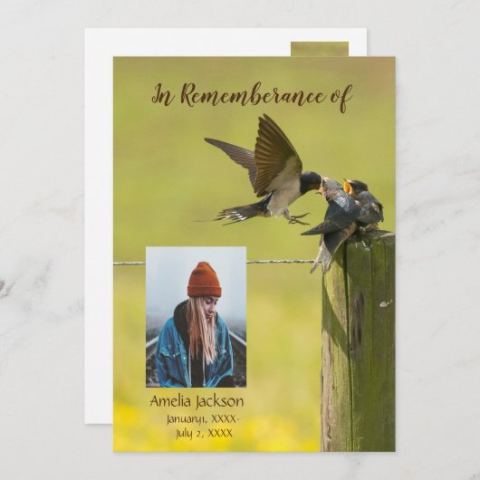 Memorial Service Invite Swallow Bird Watcher Kaart (Voorkant / Achterkant)