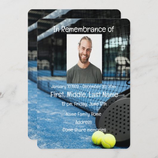 Memorial Service Invite Tennis Game Racket Ball Kaart (Voorkant / Achterkant)