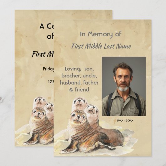 Memorial Service Invite Watercolor Seals Animals Kaart (Voorkant / Achterkant)