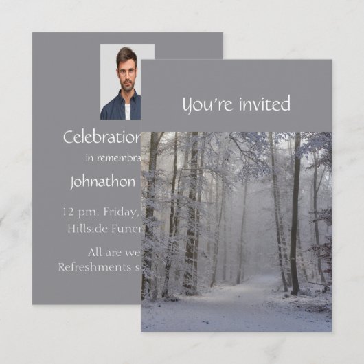 Memorial Service Invite Winter Snow Forest Trees Kaart (Voorkant / Achterkant)