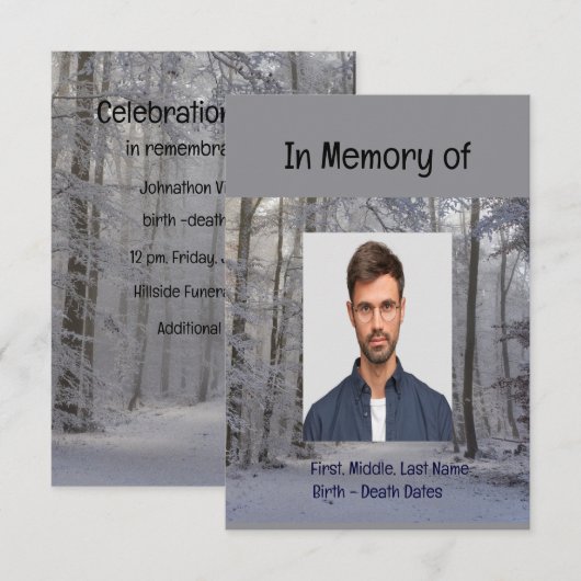 Memorial Service Invite Winter Snow Forest Trees Kaart (Voorkant / Achterkant)