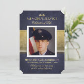 Memorial Service Navy Blue & Gold Elegance Invite Kaart (Staand voorkant)