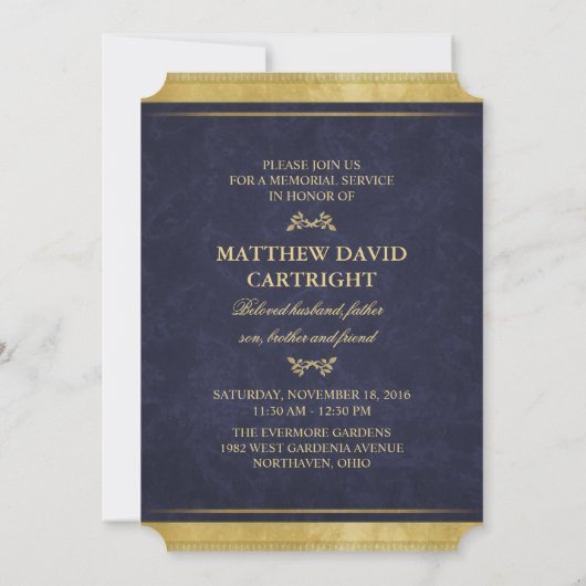 Memorial Service Navy Blue & Gold Elegance Invite Kaart (Achterkant)