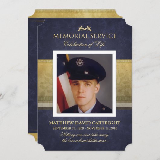 Memorial Service Navy Blue & Gold Elegance Invite Kaart (Voorkant / Achterkant)