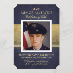 Memorial Service Navy Blue & Gold Elegance Invite Kaart