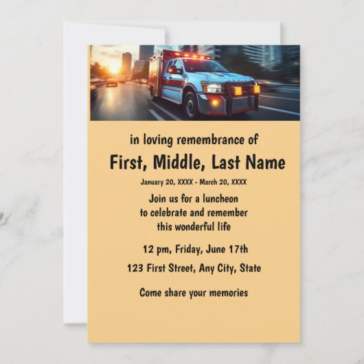 Memorial Service Nodig Ambulance Attendant Driver Kaart (Achterkant)