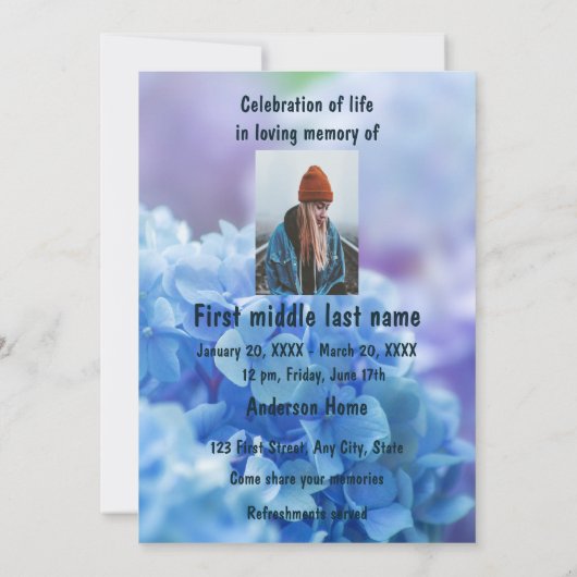 Memorial Service Nodig Hydrangea Tuinbloemen uit Kaart (Achterkant)