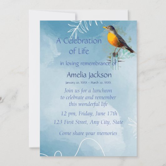 Memorial Service nodigt American Robin Bird uit Kaart (Achterkant)