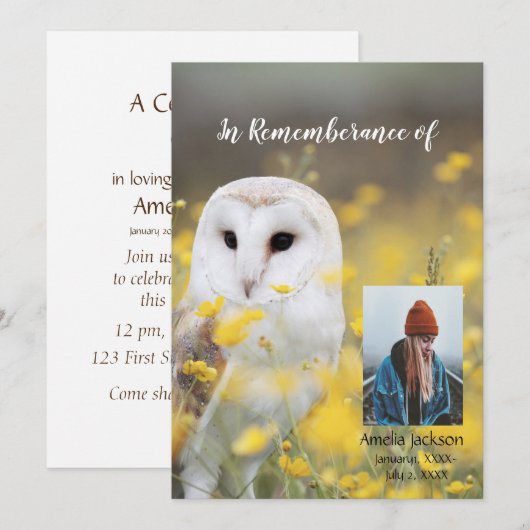 Memorial Service nodigt Barn Owl Flowers uit Kaart (Voorkant / Achterkant)