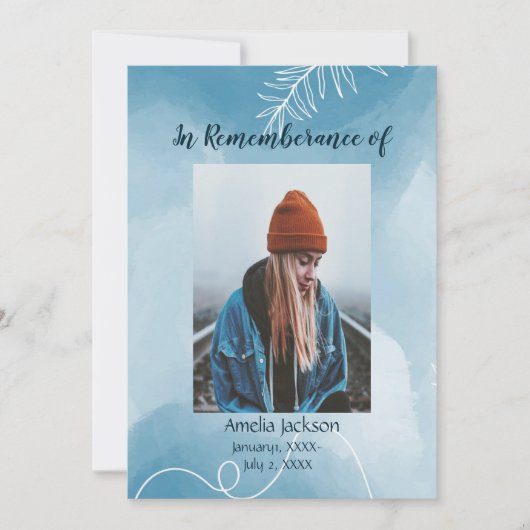 Memorial Service nodigt blauwe botanische bladeren Kaart (Voorkant)