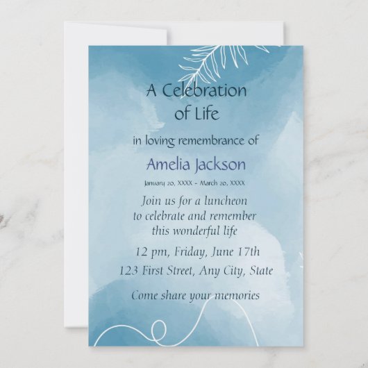 Memorial Service nodigt blauwe botanische bladeren Kaart (Achterkant)