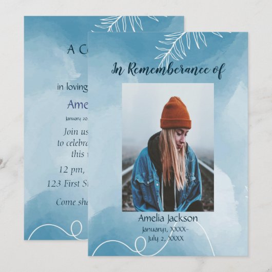 Memorial Service nodigt blauwe botanische bladeren Kaart (Voorkant / Achterkant)